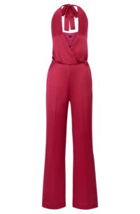 Halterneck jumpsuit in satin with rear tie, Pink