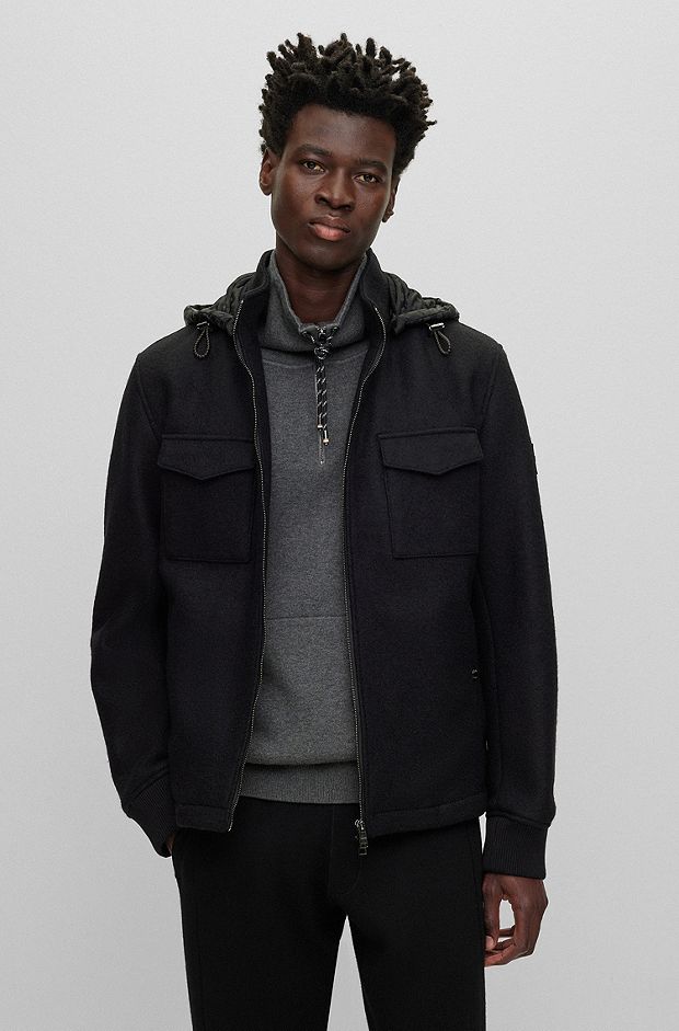 Virgin-wool jacket with detachable monogrammed hood, Black