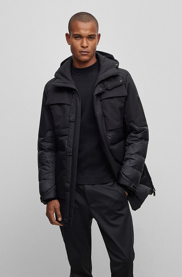 Mixed-material down jacket with detachable hood, Black
