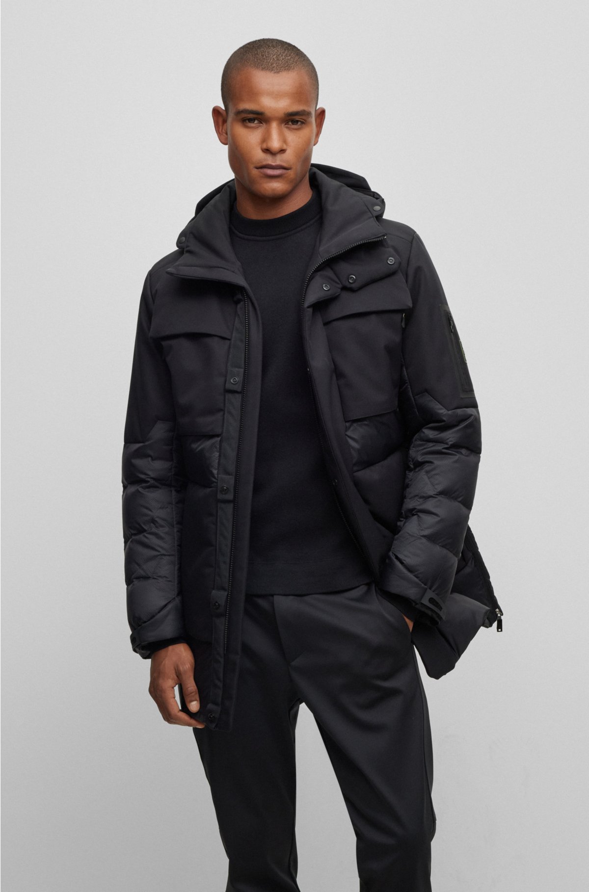 BOSS - Mixed-material down jacket with detachable hood