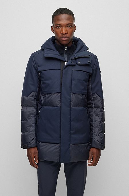 Mixed-material down jacket with detachable hood, Dark Blue