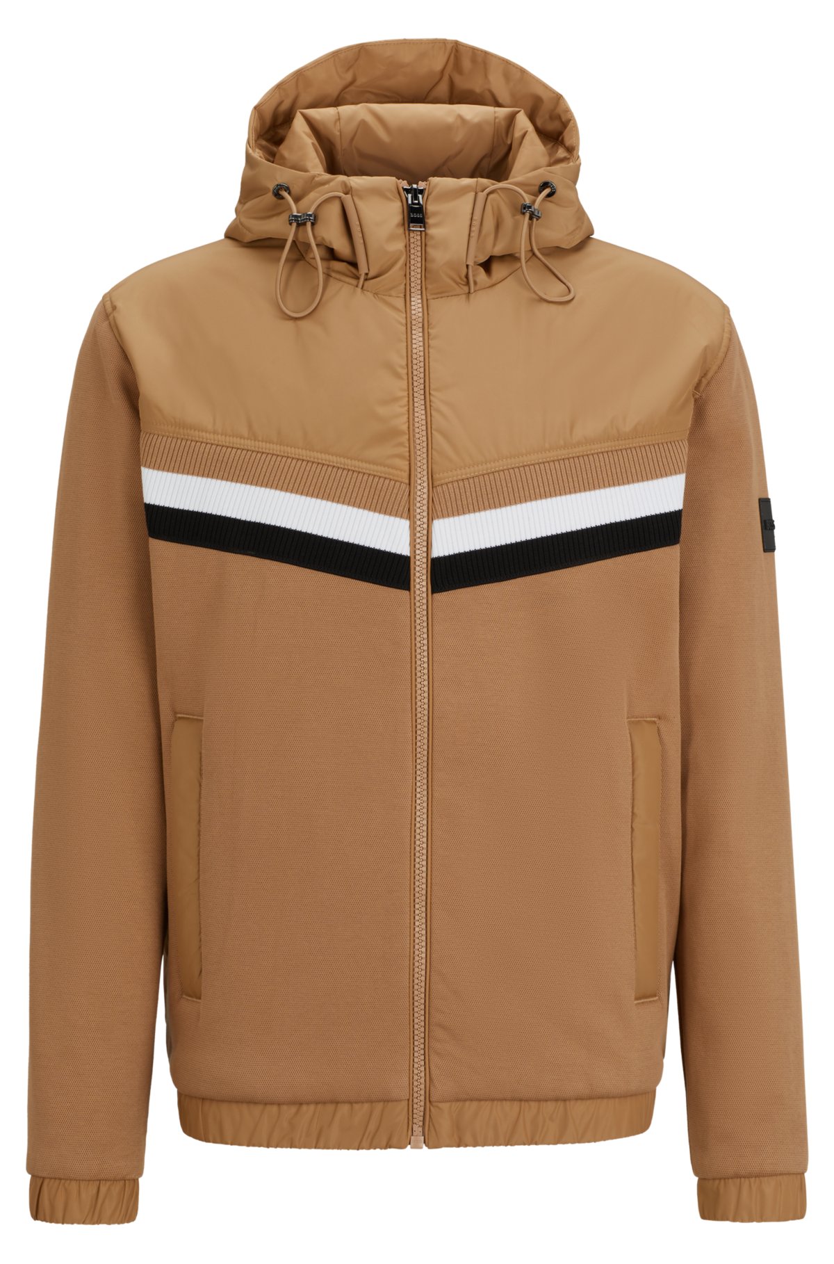 BOSS - Mixed-material zip-up hoodie with signature stripes