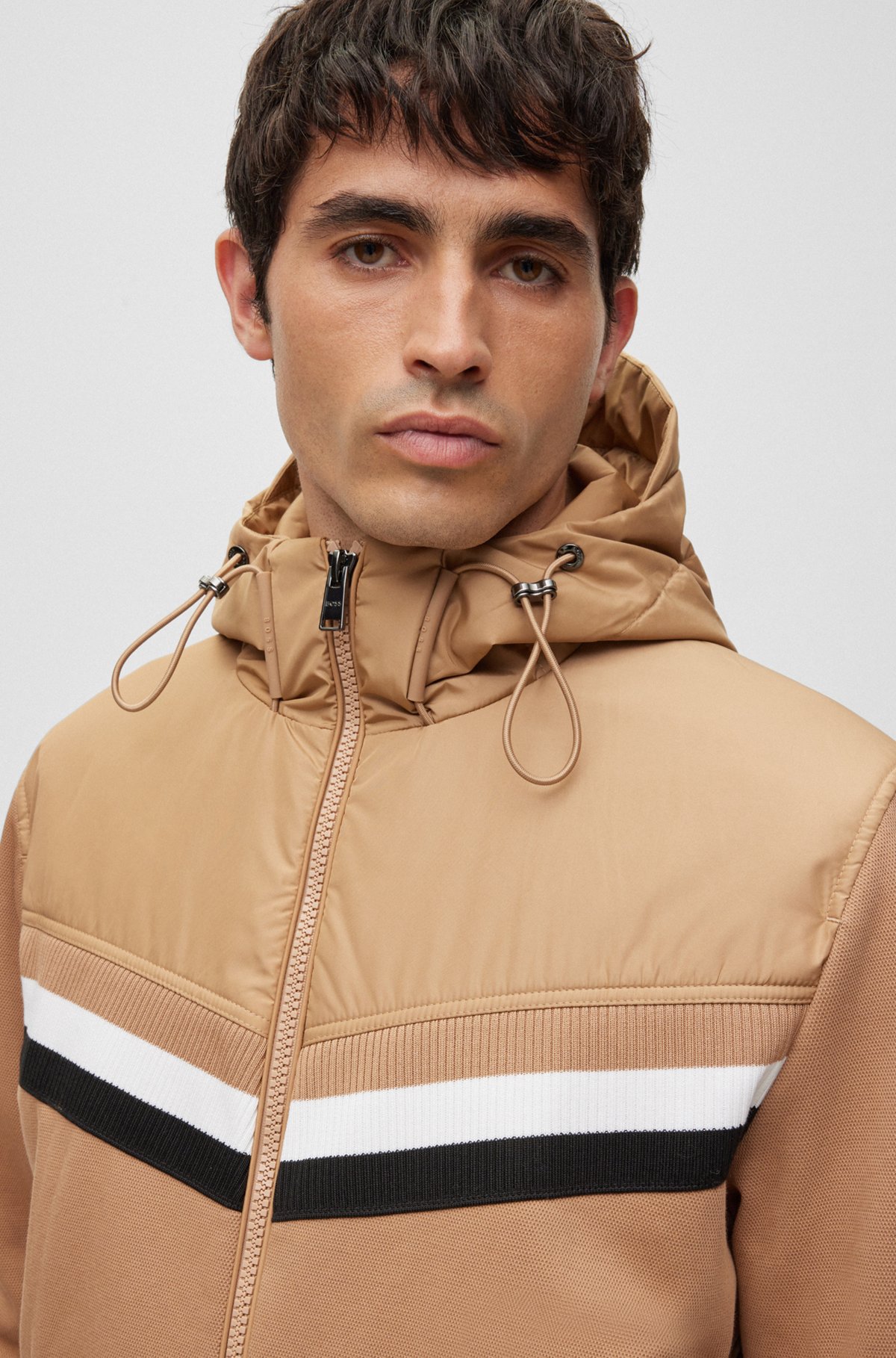 Mixed-material zip-up hoodie with signature stripes, Beige