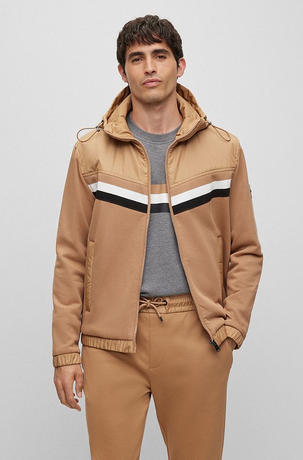 Mixed-material zip-up hoodie with signature stripes, Beige