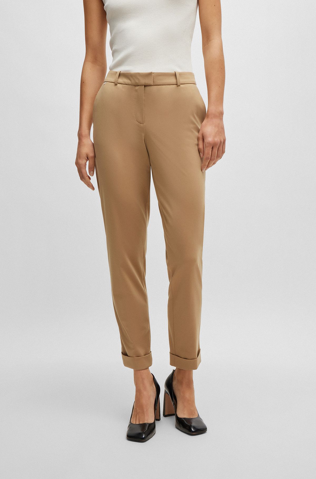 Slim-fit cropped trousers in performance-stretch jersey, Beige