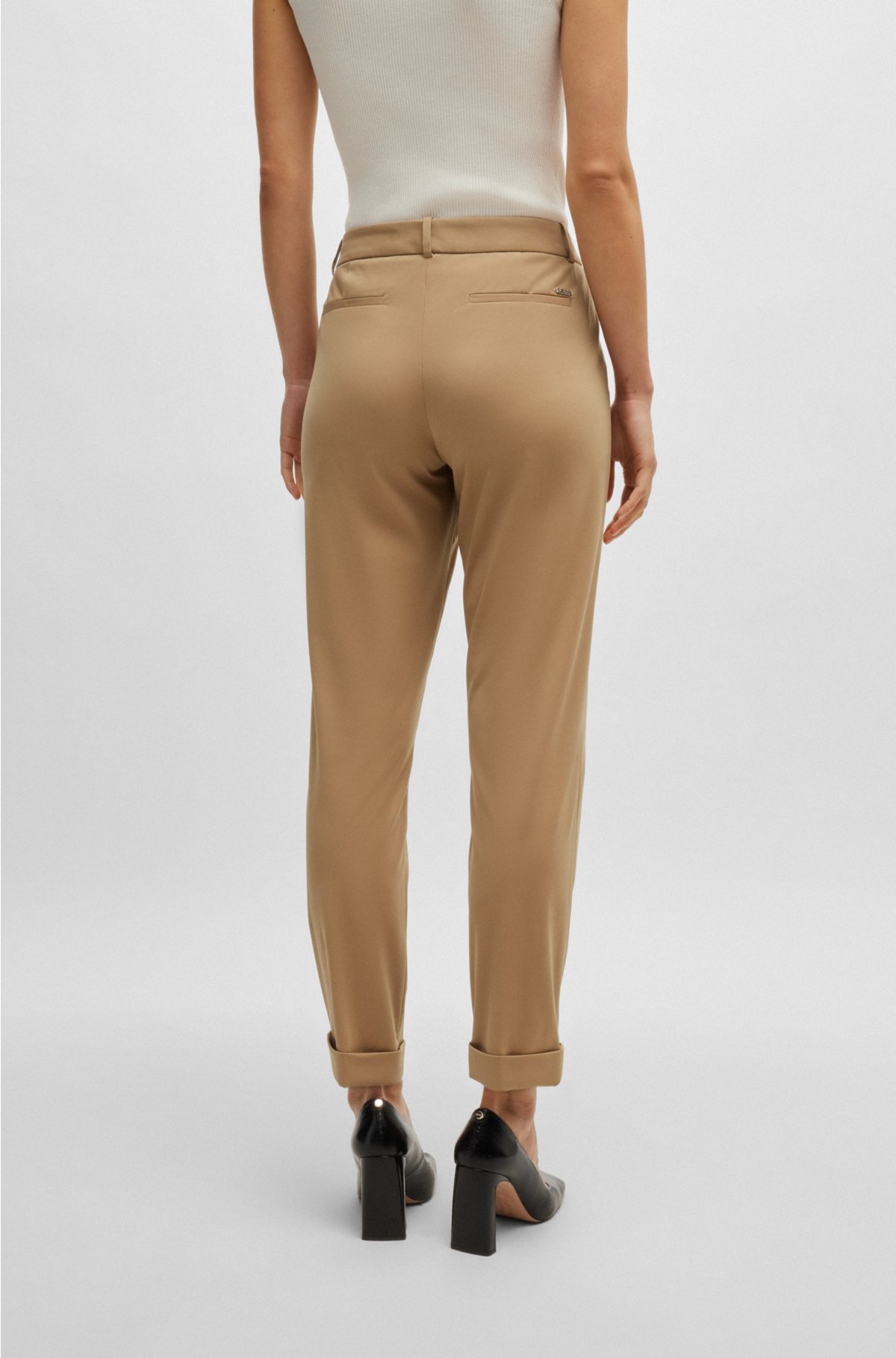 Slim-fit cropped trousers in performance-stretch jersey, Light Brown