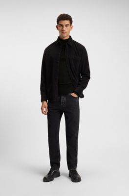 Maglione a collo alto regular fit in misto lana con logo ricamato, Nero