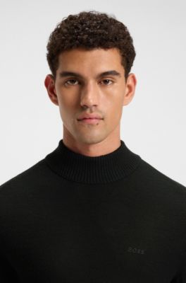 Pull &agrave; col roul&eacute; en laine m&eacute;lang&eacute;e avec logo brod&eacute;, Noir