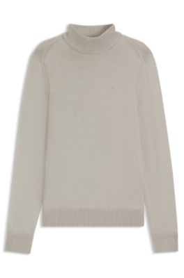 Wool-blend rollneck sweater with embroidered logo, Light Beige