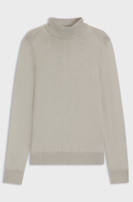 Wool-blend rollneck sweater with embroidered logo, Light Beige