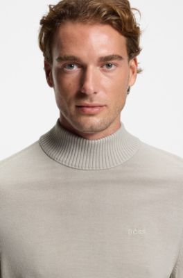 Wool-blend rollneck sweater with embroidered logo, Light Beige