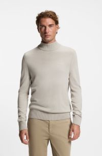 Wool-blend rollneck sweater with embroidered logo, Light Beige