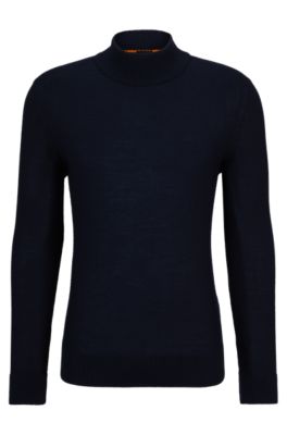 Wool-blend rollneck sweater with embroidered logo, Dark Blue