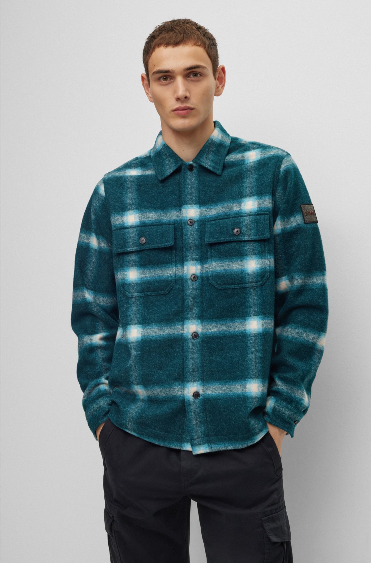 BOSS - Oversized-fit overshirt in checked bouclé material