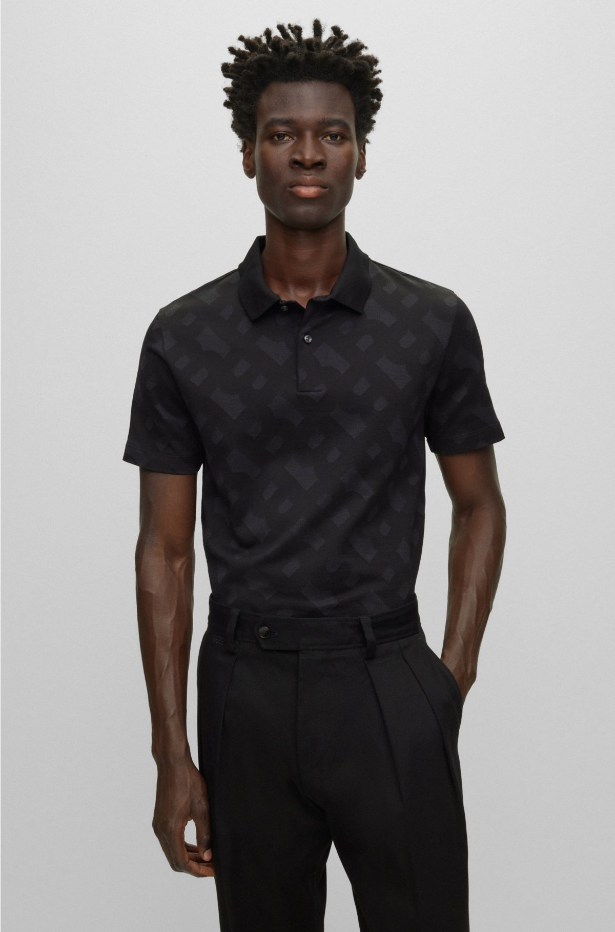 Regular-fit polo shirt with monogram jacquard, Black
