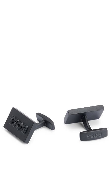 Matte-black rectangular cufflinks with embossed logo, Black