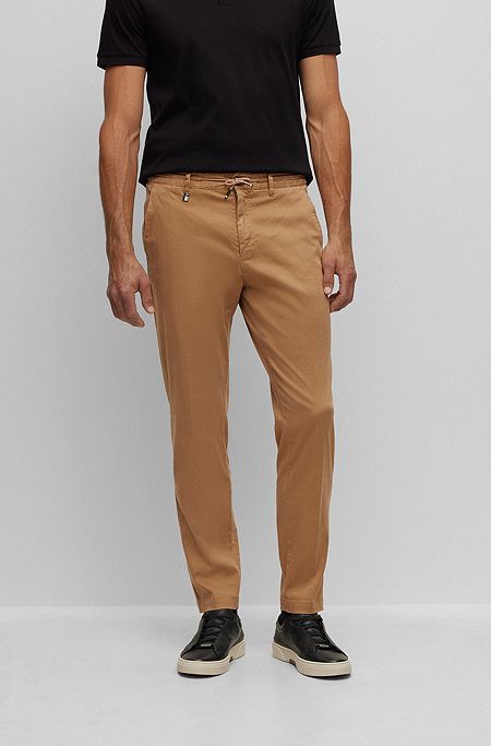 Slim-fit trousers with drawcord waist in stretch fabric, Brown