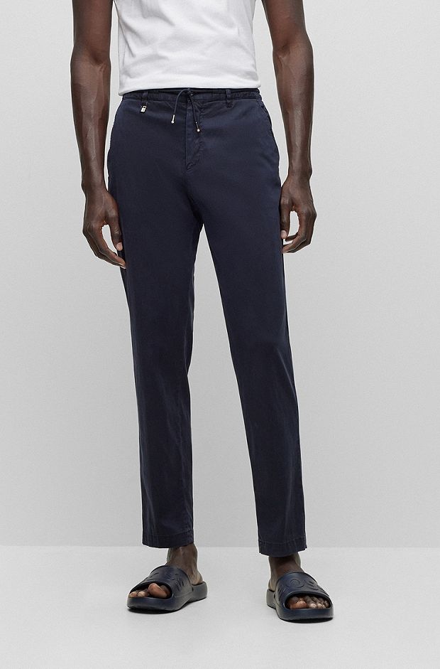 Pantalon Slim Fit en tissu stretch avec taille à cordon de serrage, Bleu foncé