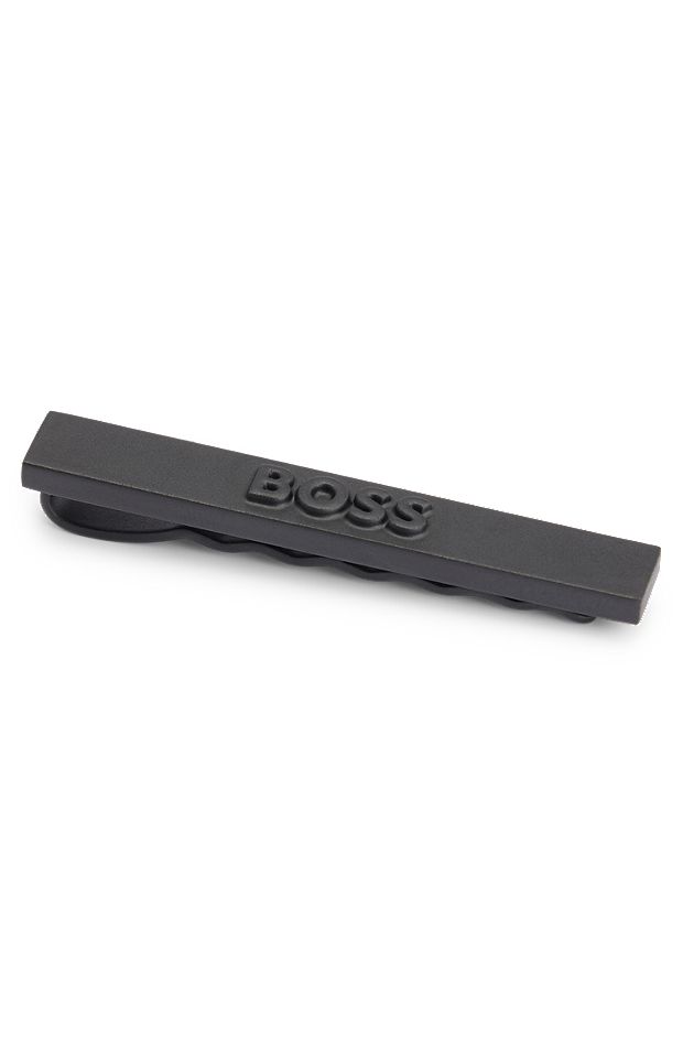 Matte-black tie clip with raised logo, Black