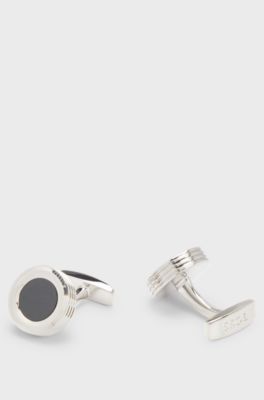 Round brass cufflinks with enamel insert, Black