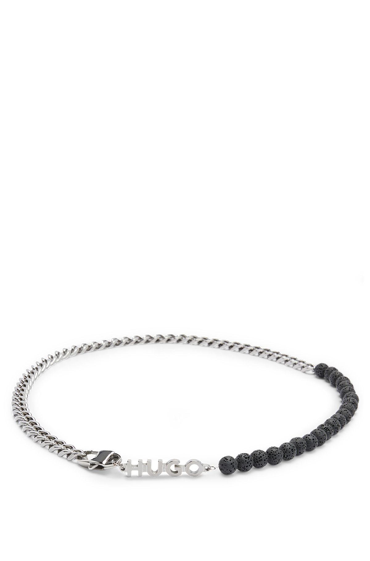 Collier logo avec chaîne et perles en pierre de lave, Argent