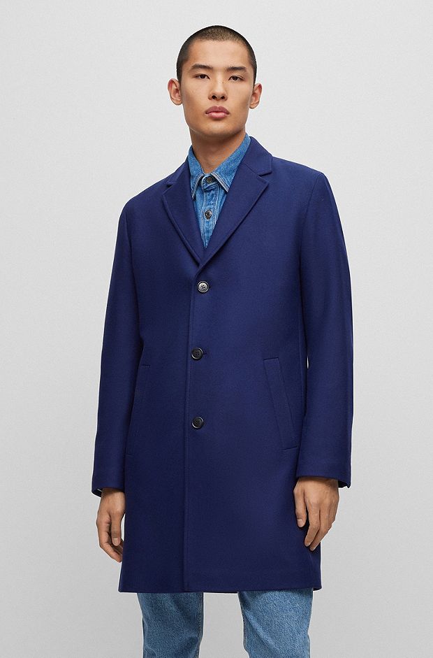 Manteau en laine mélangée à boutons en ivoire végétal, Bleu foncé