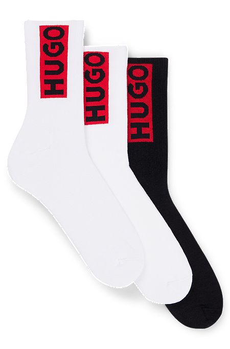 Kurze Socken mit rotem Logo-Label im Dreier-Pack, Weiß / Schwarz