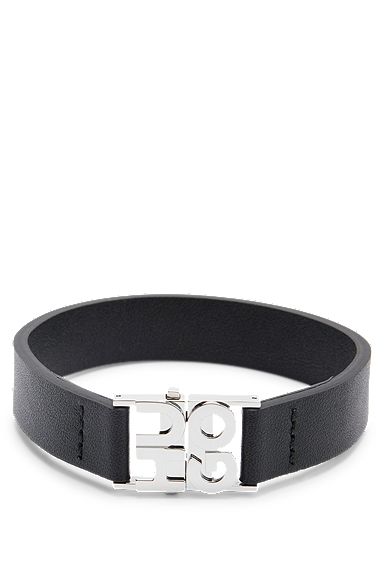 Leather cuff with stacked-logo hardware closure, Black