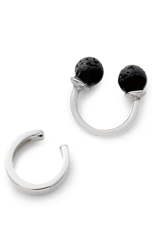 Manchettes d’oreilles ornées d’un logo et de pierres de lave, Argent
