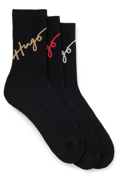 Three-pack of quarter-length socks with handwritten logos, Black