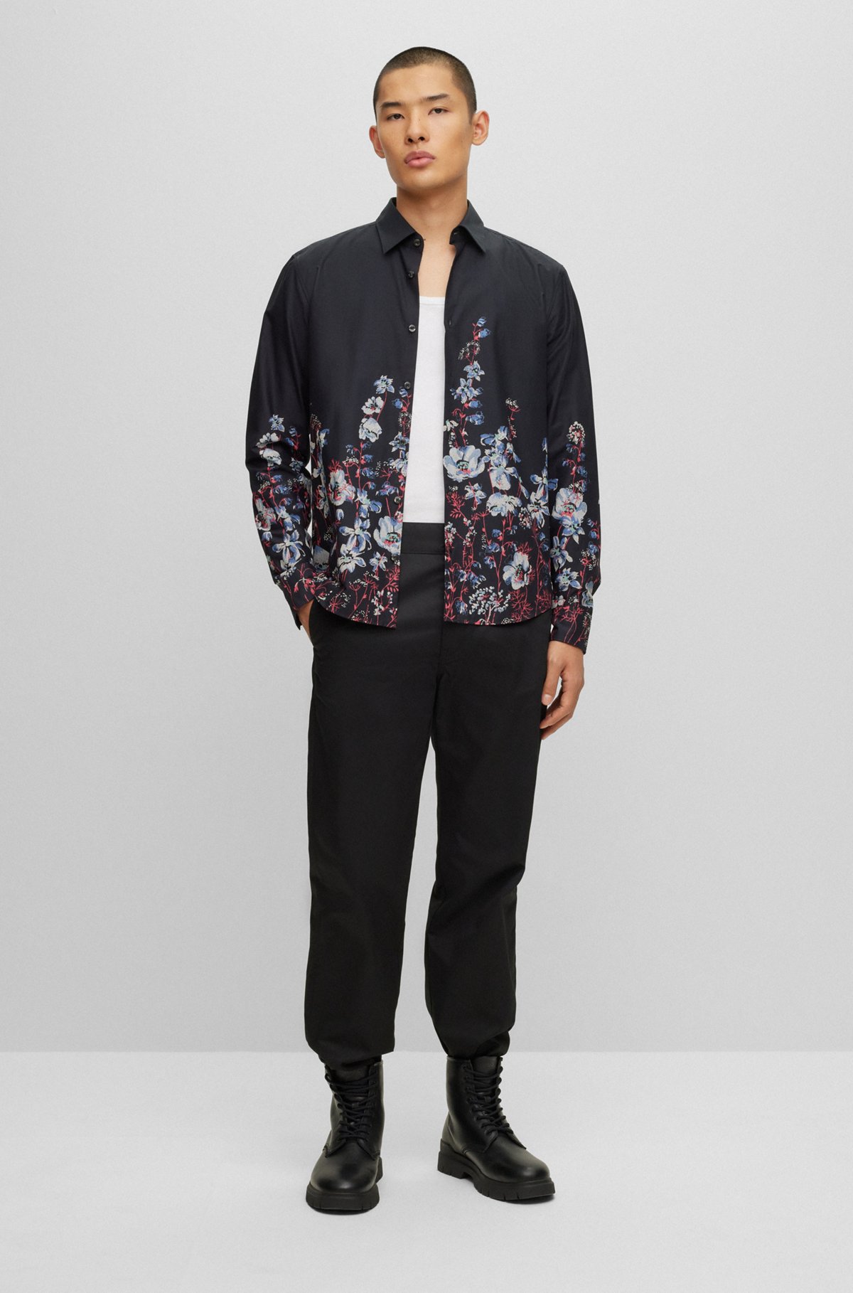 Slim-fit shirt in degradé-floral-print cotton canvas, Black