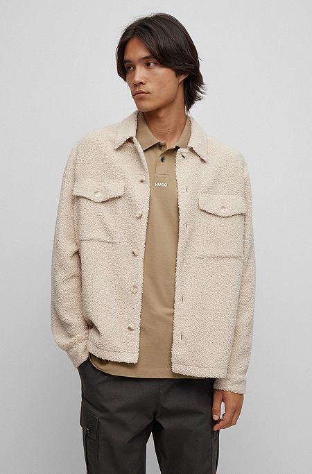 Oversized-fit overshirt in faux teddy with logo label, Beige