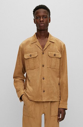 Oversized-fit overshirt in synthetic coated fabric, Light Beige