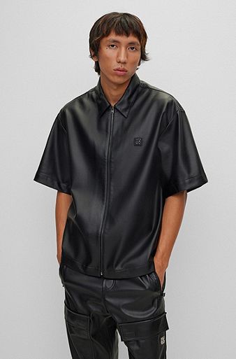 Oversized-fit zip-up shirt in faux leather, Black