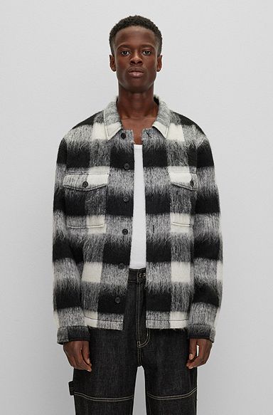 Oversized-fit overshirt in Glen-check wool-effect fabric, Black