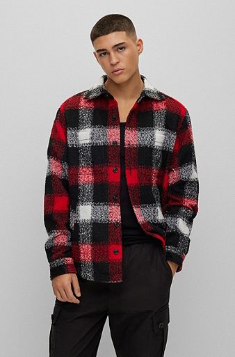 Oversized-fit overshirt with bouclé check and Kent collar, Dark Red