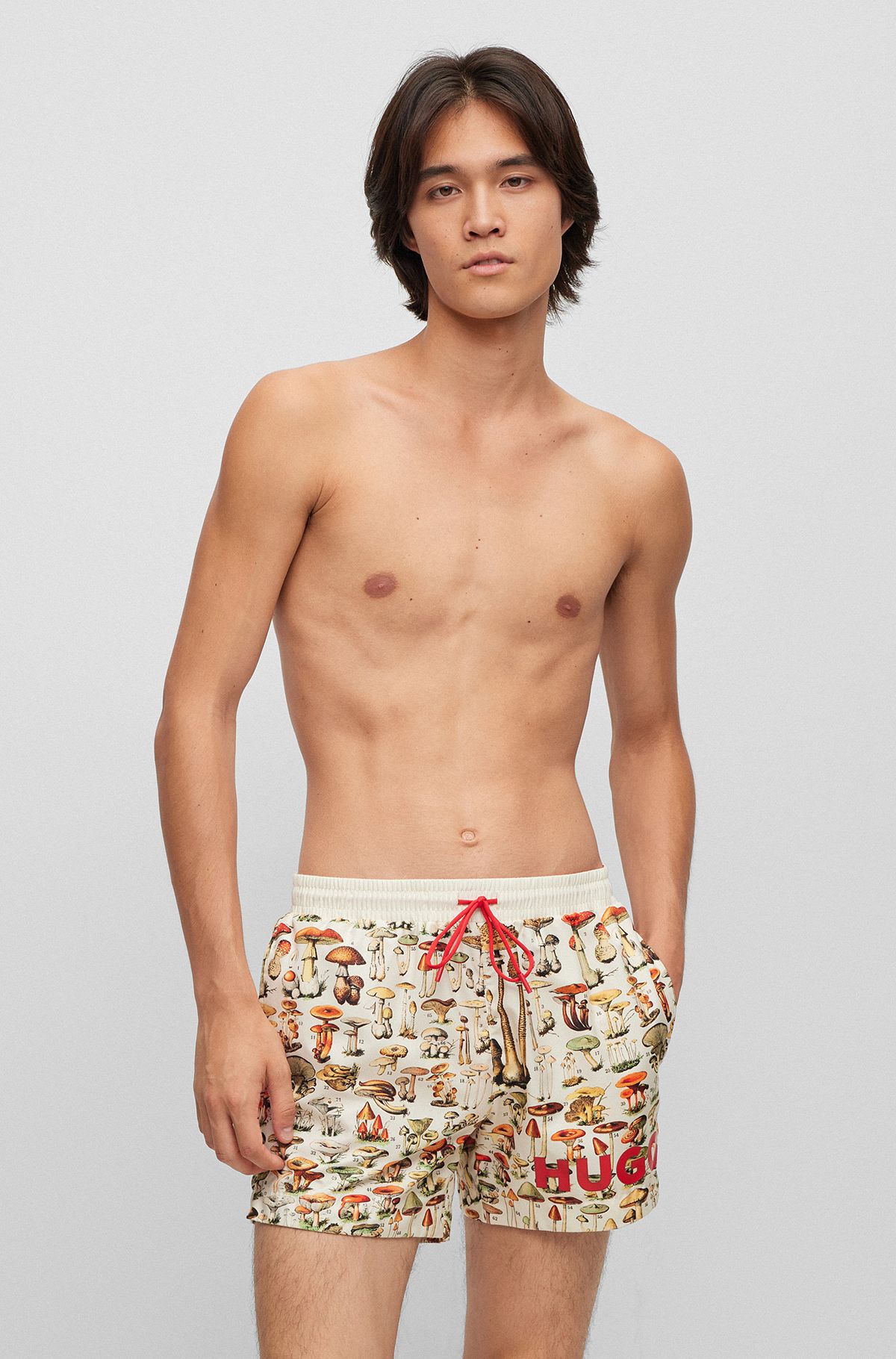 Quick-drying mushroom-print swim shorts with logo detail, White Patterned