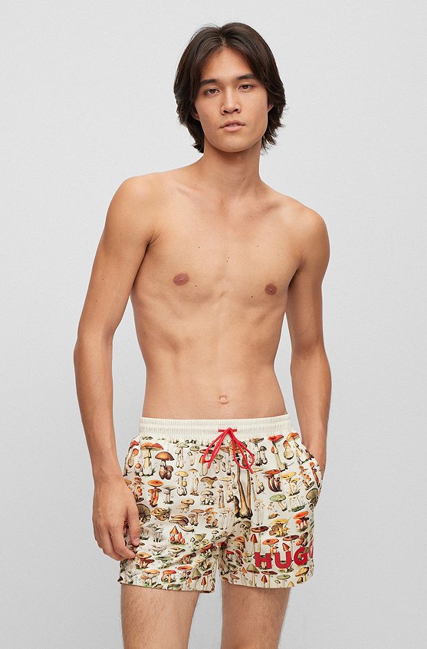 Quick-drying mushroom-print swim shorts with logo detail, White Patterned