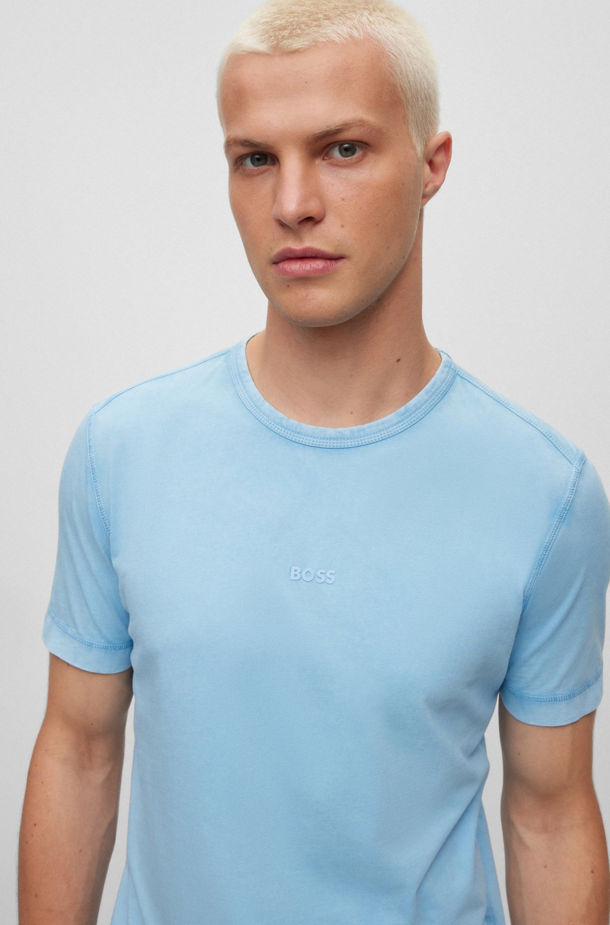 Cotton-jersey T-shirt with sun-bleached effect, Light Blue