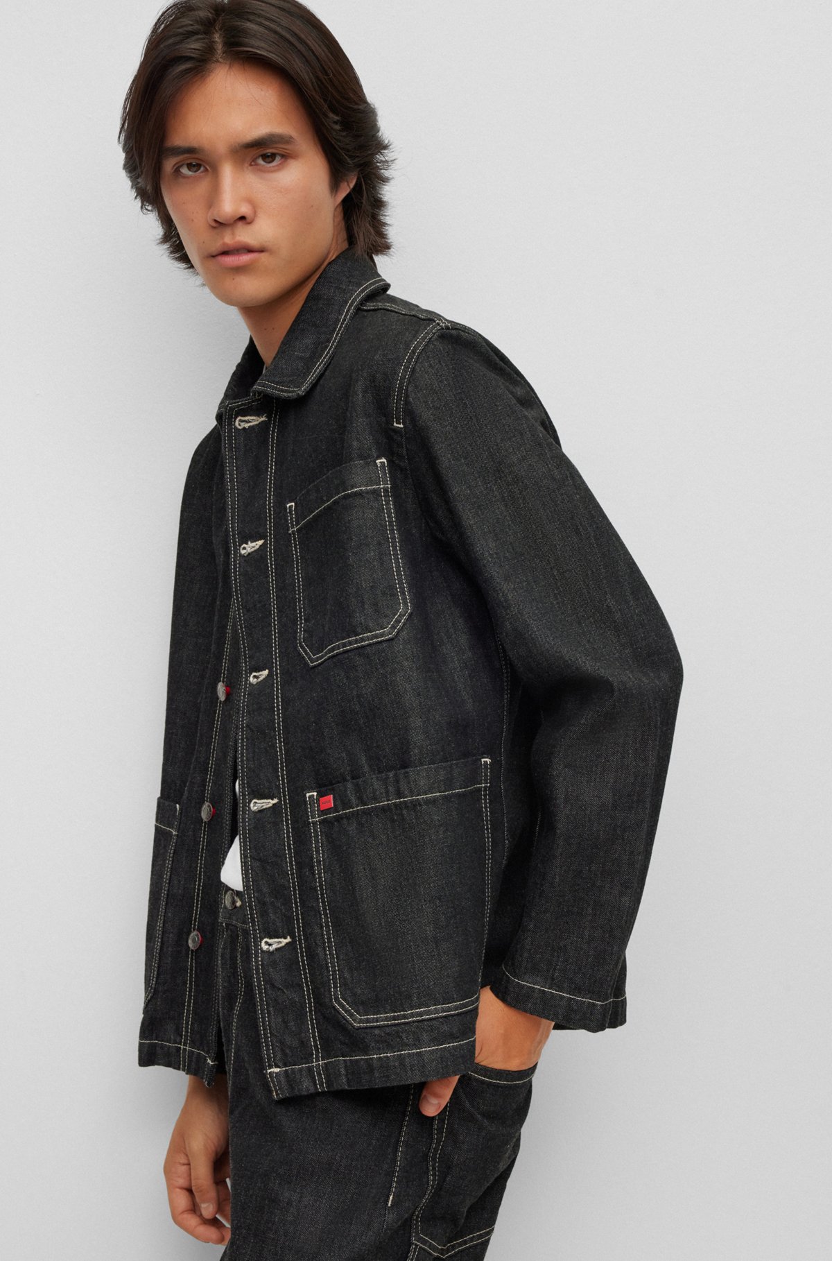 Shirt-style jacket in black Japanese rigid denim, Black