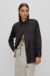 Oversized-fit blouse van stretchsatijn, Zwart