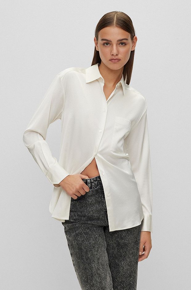 Oversized-fit blouse in stretch satin, White