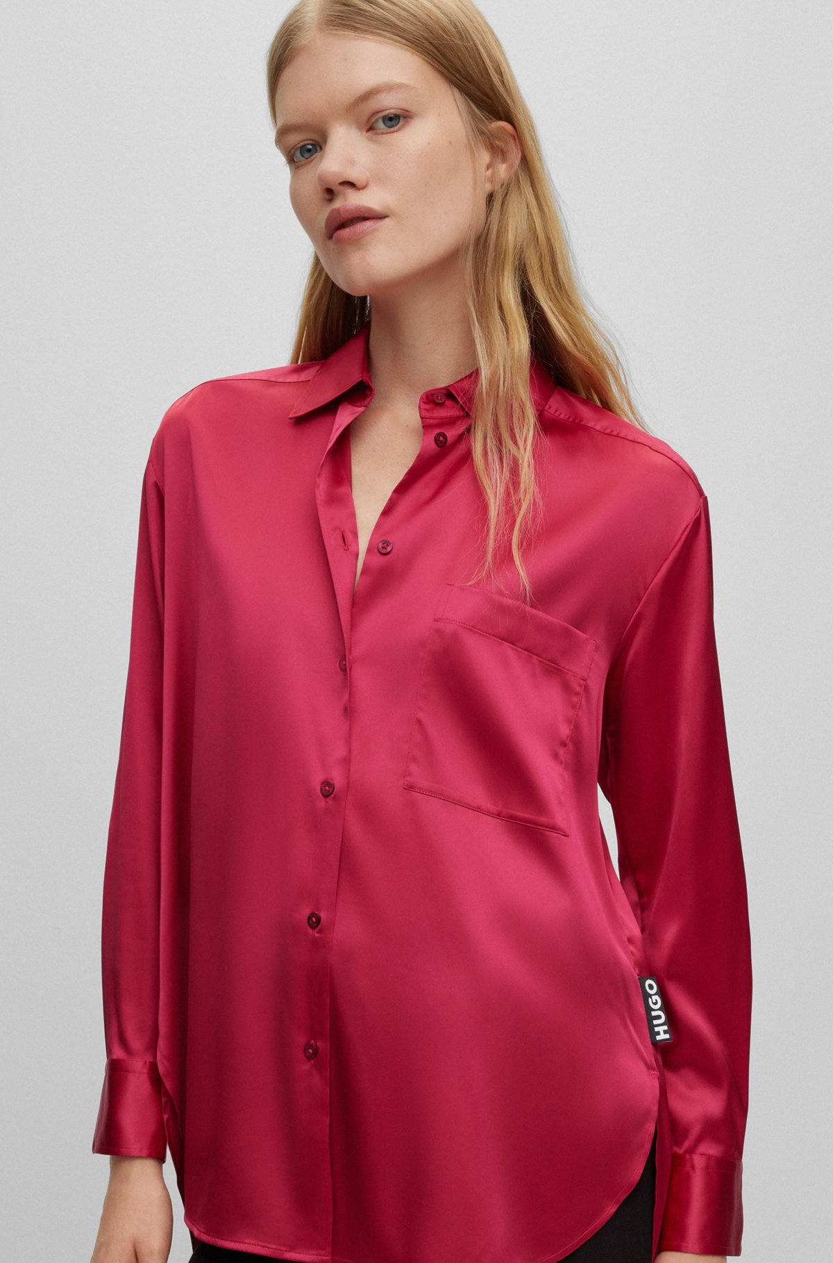 Oversized-fit blouse in stretch satin, Pink