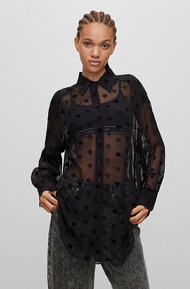 Lange relaxed-fit blouse met tweedelige logo’s in flockprint, Zwart