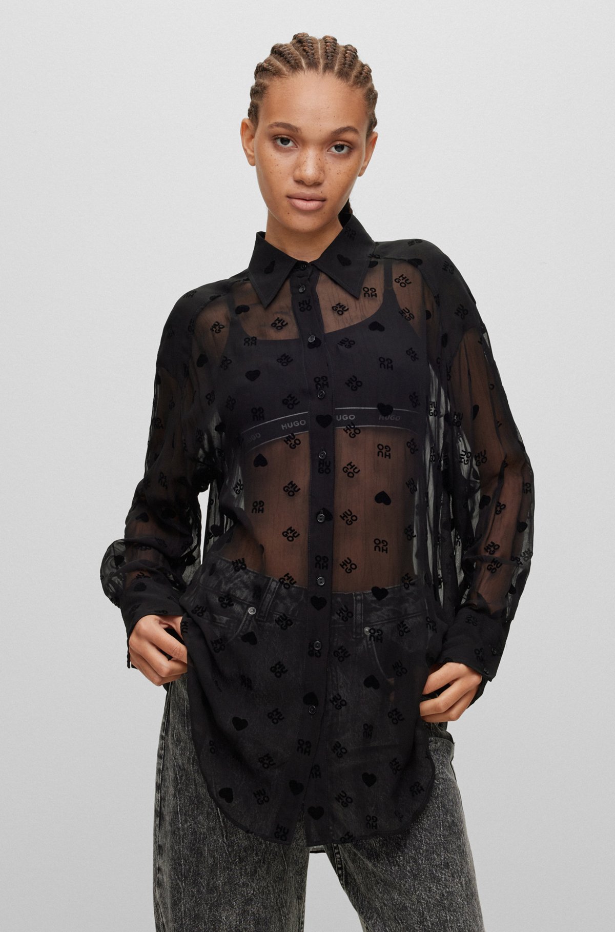 HUGO - Longline relaxed-fit blouse with flock-print stacked logos