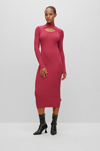 Ribbed frill-collar dress with cut-out detail, Pink