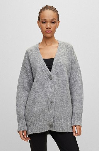 Oversized-fit button-up cardigan with logo flag, Grey