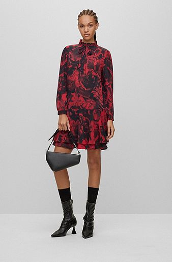 Frill-collar dress with rose print, Red Patterned