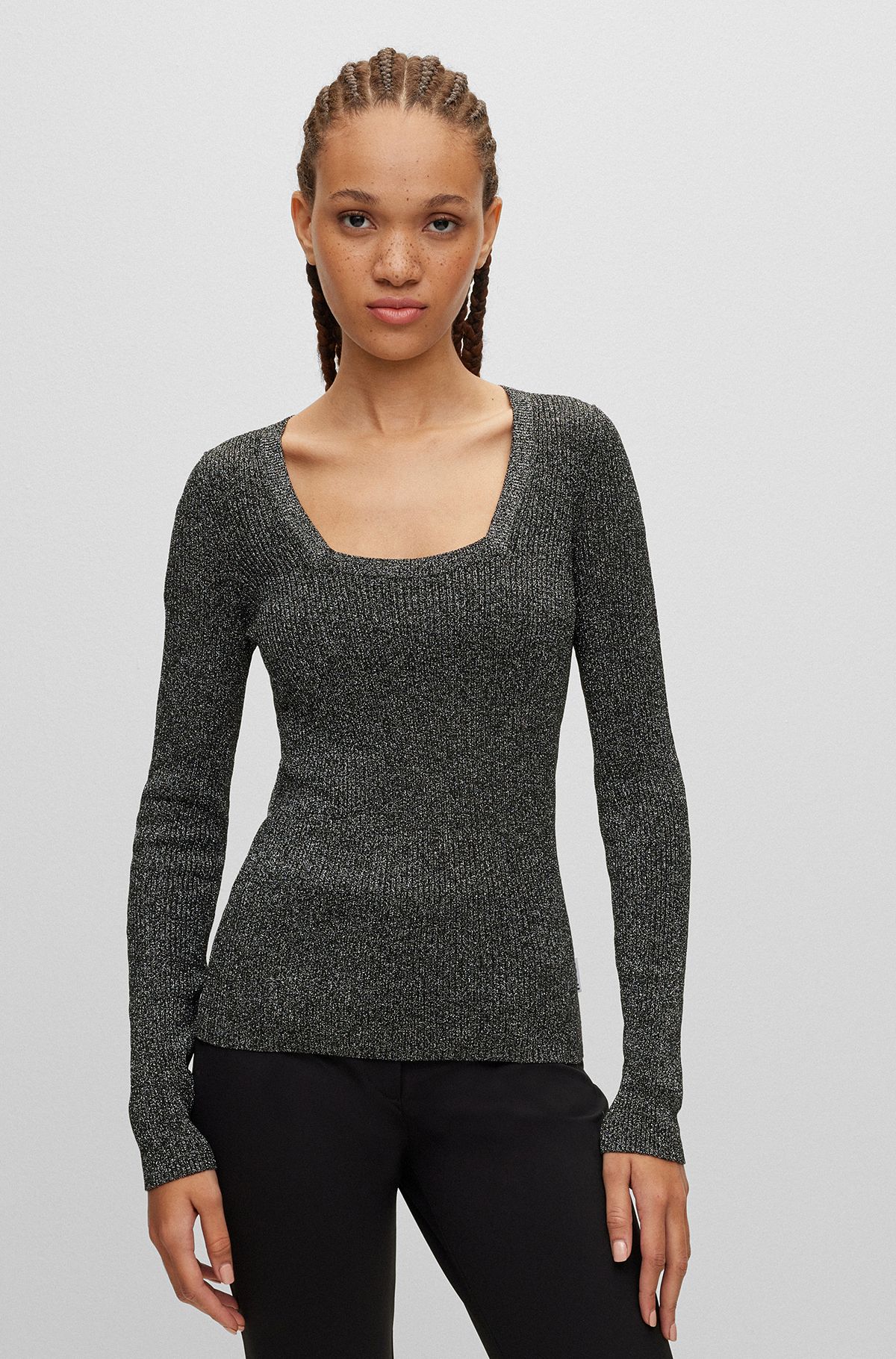 Glittery sweater with square neckline, Dark Grey