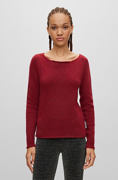 Wool-blend sweater with logo flag and crew neckline, Dark Red